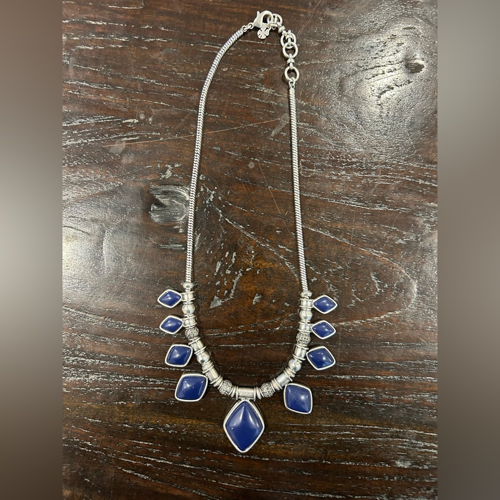 LUCKY BRAND Silver Toned Adjustable Necklace with Navy Blue Stones